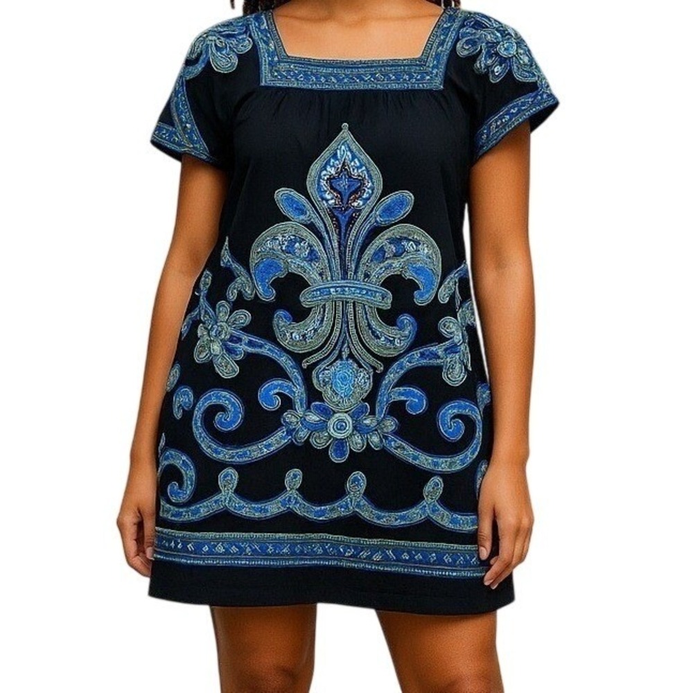 LONDON TIMES Embroidered A-Line‎ Dress Square Neck Short Sleeve Women's Size 8
